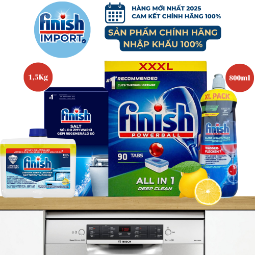 Combo 4 món: 90 viên Finish All in 1 XXXL hương chanh + 1,5kg muối Finish + 800ml nước làm bóng + 250ml vệ sinh máy Finish